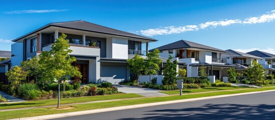 Modern suburban houses line a quiet street on a sunny day.