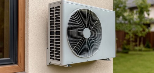An outdoor air conditioning unit mounted on a wall, showcasing its fan and cooling system in a residential setting with greenery in the background.