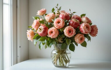 Obraz premium A glass vase filled with pink apple blossoms on a white table in a modern interior setting