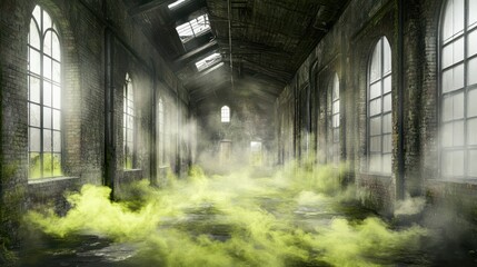 Abandoned factory hall, yellow smoke, hazy interior