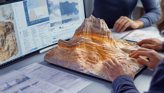 Two hands examining a detailed 3D geological model on a desk with computer screens displaying topographic data.