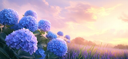 Vibrant blue hydrangeas in a lavender field at sunrise.