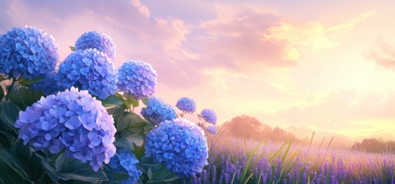 Vibrant blue hydrangeas in a lavender field at sunrise.