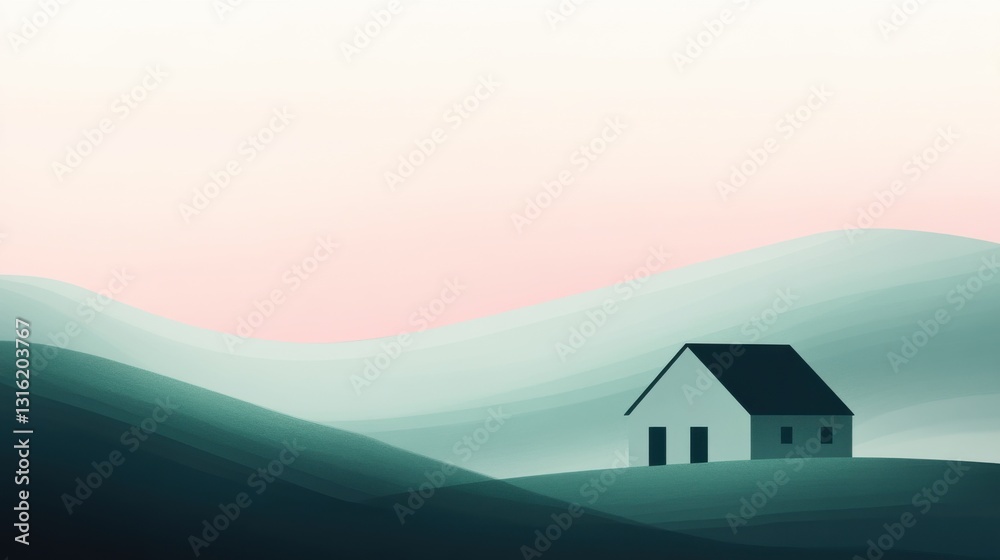 Poster soft abstract silhouette of a house on rolling hills in muted colors with a gentle gradient sky at d