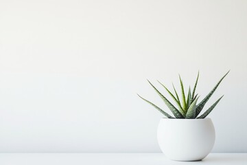 Aloe vera plant in white pot against minimalist background