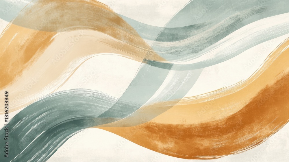 Fototapete muted amber and soft blue arcs create a flowing abstract design enhancing tranquility in a modern sp