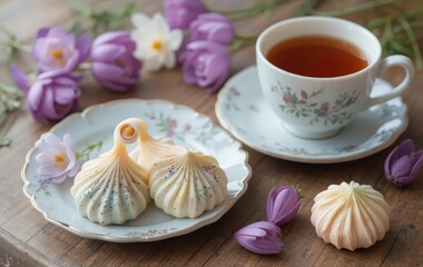 A breakfast spread with tea, crocus flowers, and colorful meringues on a wooden table