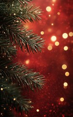 Festive Christmas fir branch with bokeh lights on red background.