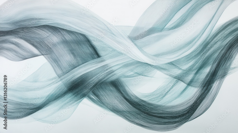 Poster flowing lines of pencil strokes represent fluid motion and depth in minimalist art style
