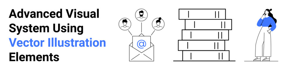 Email with users profiles, organized data stacks, and a pondering woman. Ideal for communication, teamwork, technology, data storage, organization, productivity and flat landing page banner