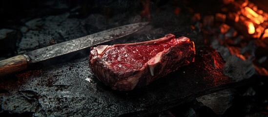 Raw steak on dark stone near fire and knife.
