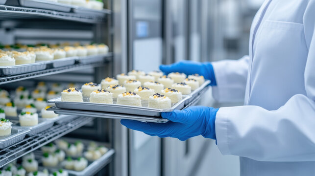 Pudding factory, Worker loading trays of pudding into an industrial setting.