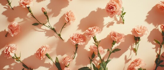Fototapeta premium Flatlay of pink carnations with shadows on a peach background.
