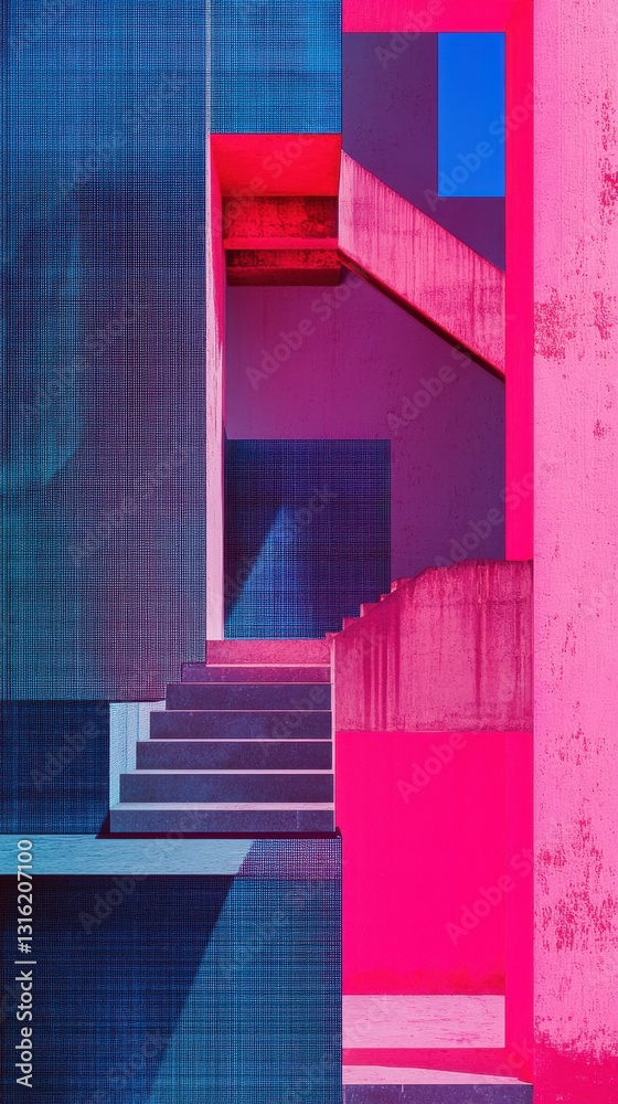 Poster layers of vibrant magenta geometric shapes create a striking architectural composition in a modern u