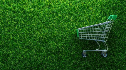 Small shopping cart on green grass background. (1)