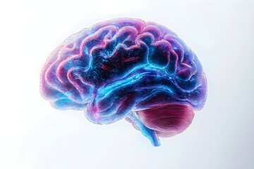 Human brain generates an idea, neon lighting. Brain activity, active thinking. 3D model of the brain on a white background.
