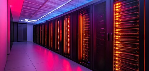 A dimly lit server room with rows of glowing servers, showcasing a modern technology environment.