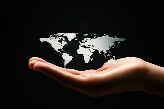 A conceptual scene of a hand holding an abstract digital business interface, displaying a world map, global markets, and data connections.