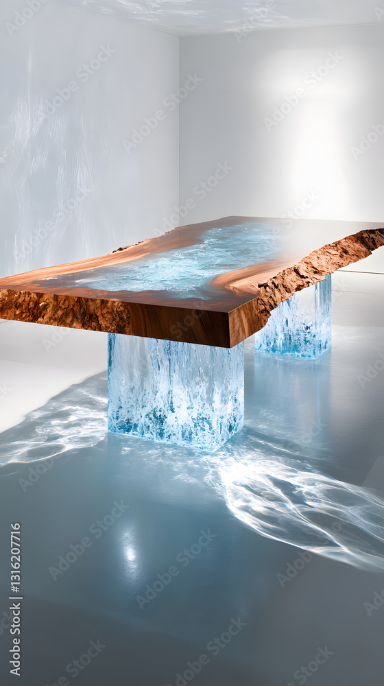 Aufkleber a striking table with a wooden top and transparent base, showcasing a unique blend of natural and mo