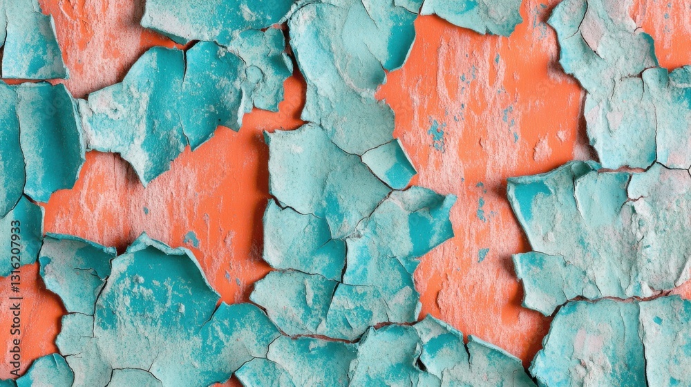 Poster textures of peeling paint in vibrant teal and coral colors creating an artistic backdrop