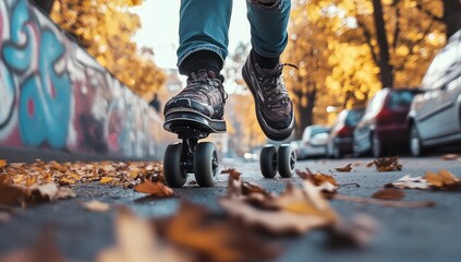 Low-angle close-up of person's feet skateboarding on asphalt street strewn with autumn leaves.
