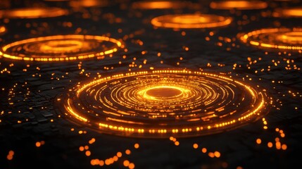 Abstract glowing rings on dark surface