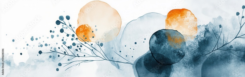 Poster elegant artistic composition featuring muted blue tones with circular shapes and delicate branches