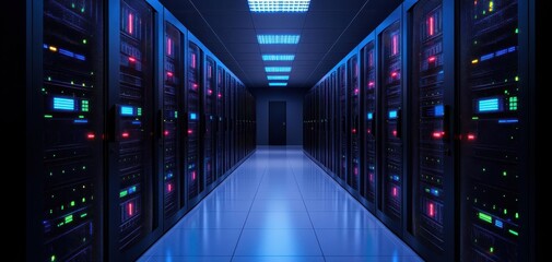 A dimly lit server room featuring rows of servers with colorful LED lights, showcasing a modern technological environment.