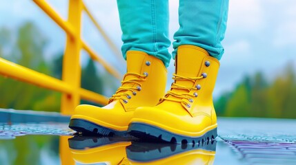 Bright yellow boots stand out against a colorful background, showcasing a stylish outdoor look perfect for adventure.
