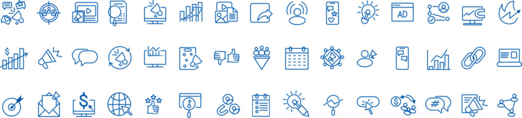 Set of outline icons related to digital marketing. Linear icon collection. Editable stroke. Vector illustration