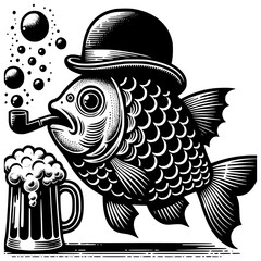 Whimsical Fish with Mug: A charming illustration of a fish wearing a bowler hat, puffing on a pipe, and holding a frothy mug of ale, showcasing a unique and humorous character.