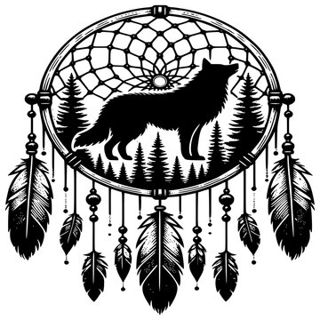 Wolf Dream Catcher: A detailed illustration of a dream catcher featuring a majestic wolf silhouette inside the woven web, symbolizing protection and connection to nature.