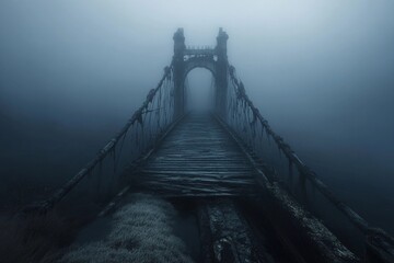 Fototapeta premium Misty wooden bridge leads to a lonely tree on a rocky island during early morning fog