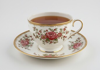 Fototapeta premium Elegant Floral Tea Cup with Tea on a White Saucer