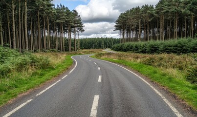 Obraz premium Winding Road Surrounded by Lush Green Forest and Blue Sky with Clouds in a Peaceful Rural Landscape
