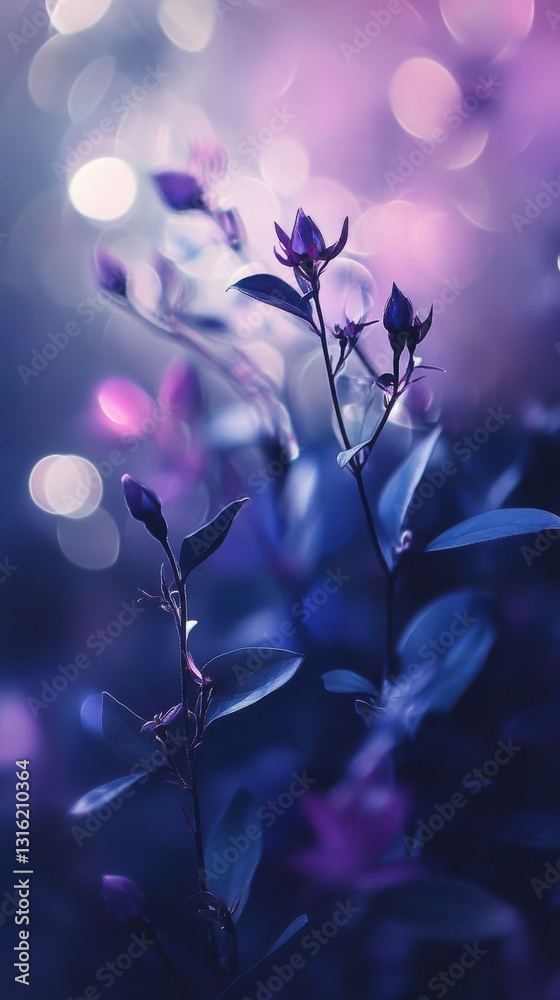 Poster vibrant flowers in deep indigo and rich violet hues illuminated by soft bokeh lights at twilight
