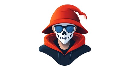 Digital Illustration: Skull-Masked Sorcerer in Red Hoodie and Wizard Hat AI Generated