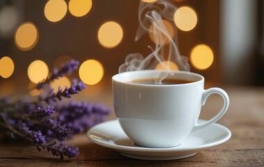 A cup of hot tea or coffee with steam rising against a background of twinkling lights and lavender flowers.