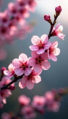 Naklejka premium Pink hue of Wild Himalayan Cherry flowers on tree branches, petals, blossom