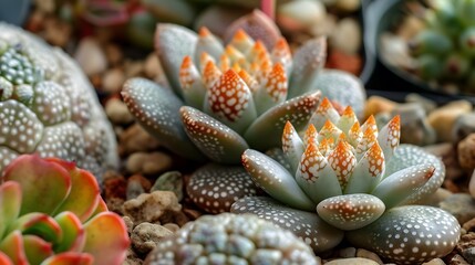 Colorful Succulent Plants in Decorative Soil with Natural Stones for Indoor Gardening