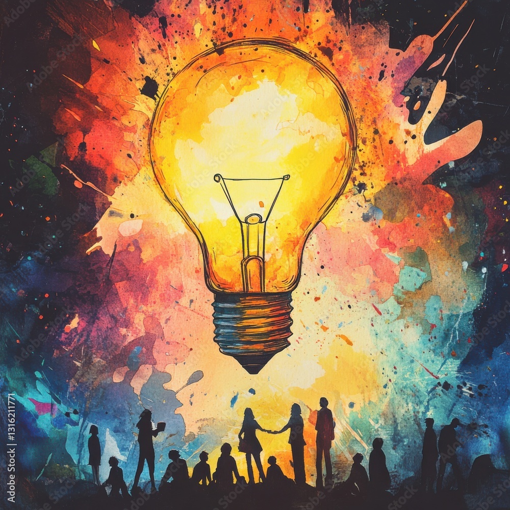 Poster creative blending of hand-drawn figures and bright light bulb in a vibrant artistic setting at dusk