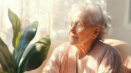 Elderly woman gazing thoughtfully by the window with a serene expression, surrounded by natural light