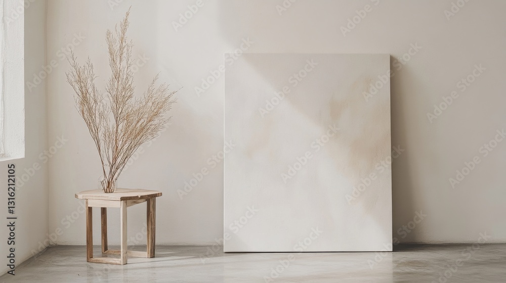 Poster artwork featuring a muted gold abstract design on a white canvas with minimalist decor elements