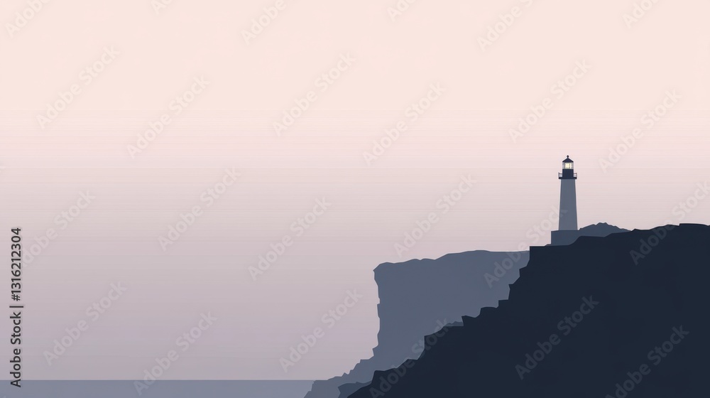 Poster abstract silhouette of a lighthouse standing majestically on a cliff at dusk by the ocean under a pa