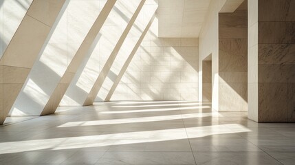 Obraz premium Sunlit modern minimalist interior architecture hallway with beige walls and floor.