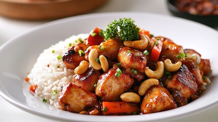 A pristine white plate, adorned with a symphony of textures the crispy exterior of succulent sauteed chicken, the creamy embrace of cashew nuts, and the fluffy grains of fragrant rice, all