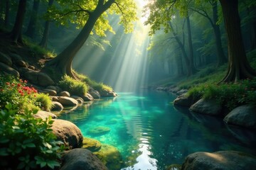 Naklejka premium Pool of Bethesda with sunlight filtering through the trees, light, peaceful, shadow