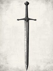 An ornamental sword featuring an intricately designed hilt that exemplifies refinement and skilled craftsmanship, depicted in a sketch engraving style using generative AI and raster illustration,