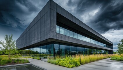 Obraz premium Modern dark grey concrete office building with large windows under a stormy sky.