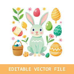 Doodle cute easter set. Vector eggs, flowers, butterflies and basket of eggs. Cute rabbit and chick.